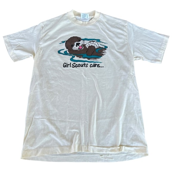 VTG Girl Scouts Care Single Stitch T-Shirt Smiling Otter Seashell Tee-Jays USA L - Picture 5 of 9